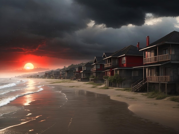 Spiaggia molte case sole sole rosso cielo scuro Pioggia inquietante