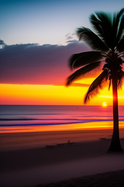 Spiaggia paradisiaca con il tramonto sotto le luci intense di una città