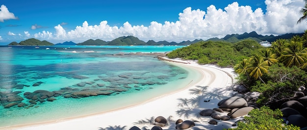 Spiaggia paradisiaca di un'isola tropicale palme sabbia bianca acqua azzurra AI generativa