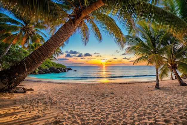 Spiaggia paradisiaca di un'isola tropicale palme sabbia bianca acqua azzurra AI generativa