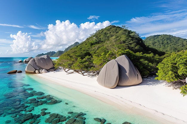 Spiaggia paradisiaca di un'isola tropicale palme sabbia bianca acqua azzurra Famosa spiaggia di pietra