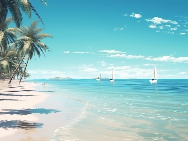 Spiaggia paradisiaca tropicale con sabbia bianca e palme da cocco Paesaggio panoramico della spiaggia