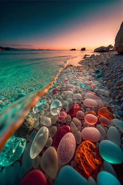 Spiaggia piena di molte rocce accanto all'oceano generativo ai