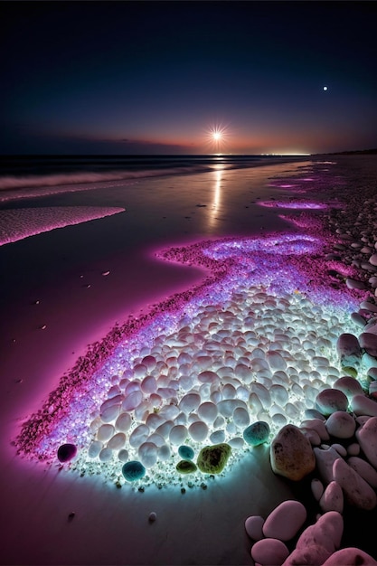 Spiaggia piena di molte rocce accanto all'oceano generativo ai