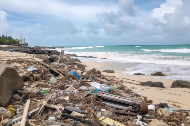 Spiaggia piena di rifiuti e detriti portati a riva