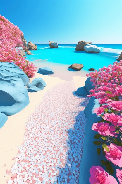 Spiaggia ricoperta di fiori rosa accanto a uno specchio d'acqua generativo ai