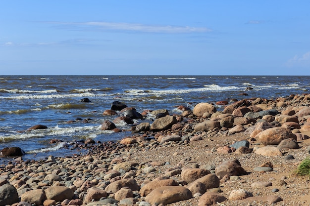 spiaggia rocciosa e mare in una giornata di sole