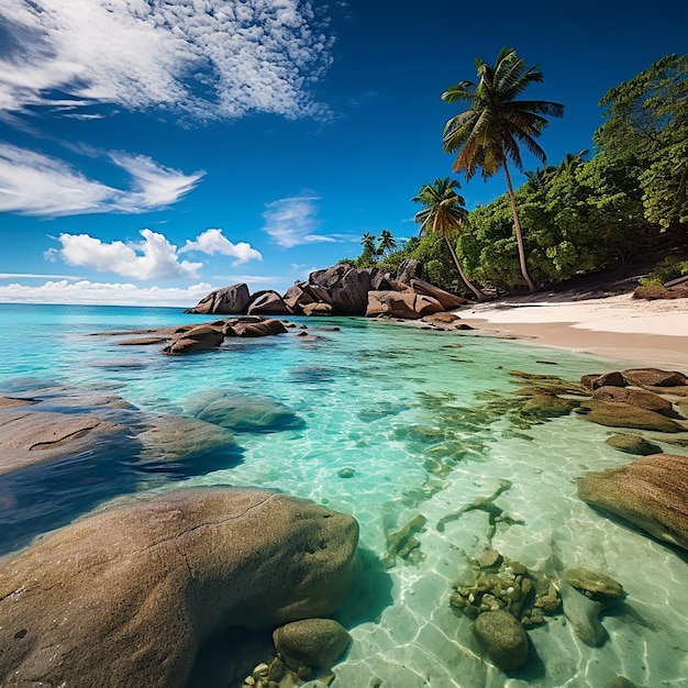 spiaggia rocciosa panoramica con acqua blu e Seychelles