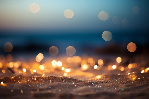 Spiaggia sabbiosa con luci Bokeh a focale morbido