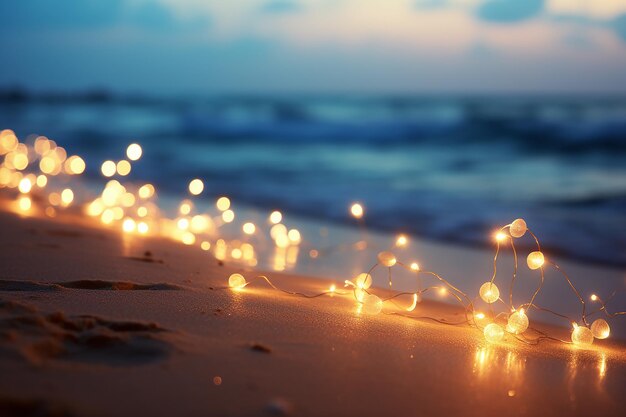 Spiaggia sabbiosa con luci Bokeh a focale morbido