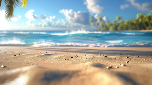 Spiaggia sabbiosa con oceano sfocato sullo sfondo di colori blu e beige vivaci