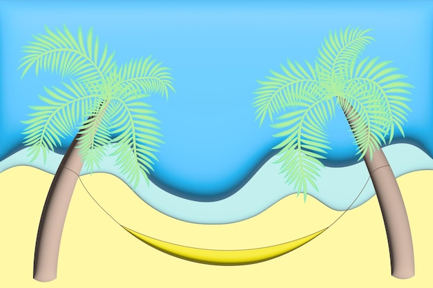 Spiaggia sabbiosa con onda di mare due palme con amaca sospesa illustrazione 3d Riposo e relax