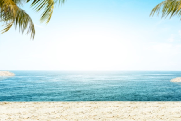 Spiaggia sabbiosa con vista sull'oceano blu e sul cielo blu