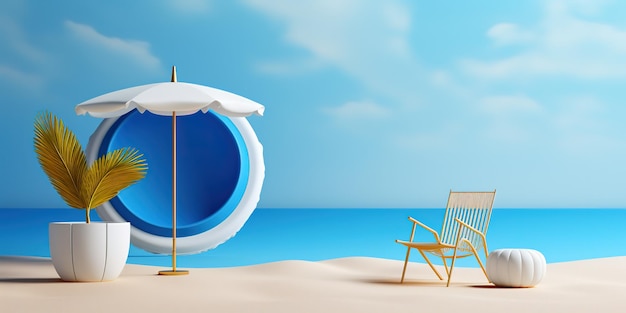 Spiaggia sabbiosa decorata con una sedia sotto l'ombrellone, una tavola da surf, una palla e una pianta