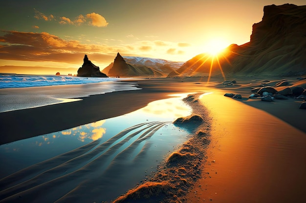 Spiaggia sabbiosa deserta della spiaggia islandese sullo sfondo del sole al tramonto