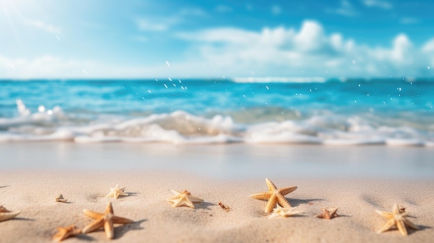 Spiaggia sabbiosa estiva tropicale e luce solare bokeh sullo sfondo del mare