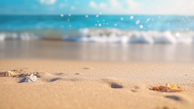 Spiaggia sabbiosa estiva tropicale e luce solare bokeh sullo sfondo del mare