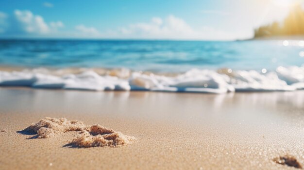 Spiaggia sabbiosa estiva tropicale e luce solare bokeh sullo sfondo del mare