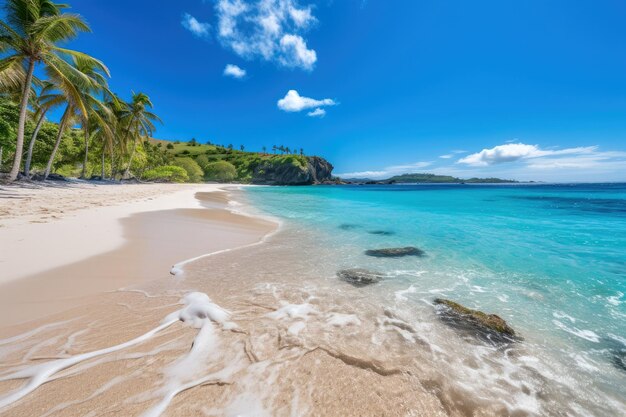 Spiaggia sabbiosa incontaminata con palme e oceano azzurro sullo sfondo