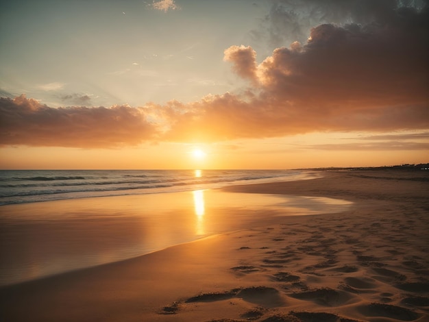 spiaggia serena al tramonto con le onde che lambiscono dolcemente la riva, palme che ondeggiano nella brezza