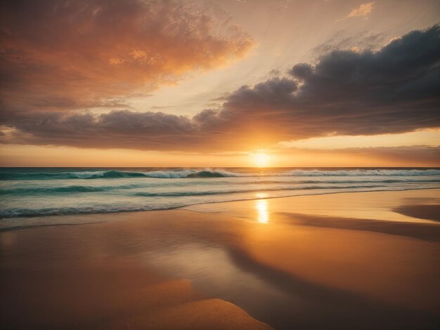 spiaggia serena al tramonto con le onde che lambiscono dolcemente la riva, palme che ondeggiano nella brezza