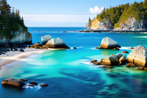 Spiaggia serena con affioramenti rocciosi e acque cristalline IA generativa