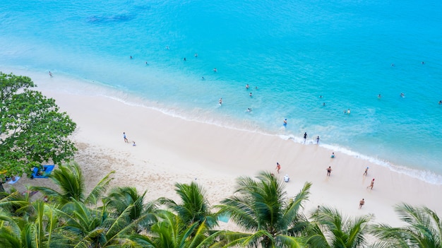 Spiaggia Surin a Phuket, nel sud della Thailandia, la spiaggia Surin è una destinazione turistica molto famosa a Phuket, bellissima spiaggia. Vista della bella spiaggia tropicale con palme intorno. Concetto di vacanza e vacanza.