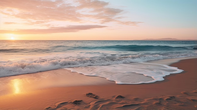 Spiaggia tranquilla al tramonto con dolci onde che lambiscono la riva