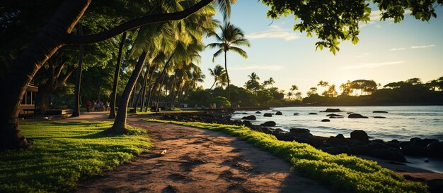 Spiaggia tropicale al tramonto con palme e sentiero di sabbia