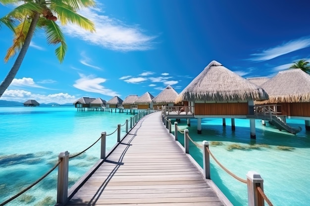 spiaggia tropicale alle Maldive con poche palme e laguna blu destinazione di vacanza di viaggio di lusso bandiera panoramica fuga romantica di luna di miele in bungalow sopra l'acqua ville AI generato