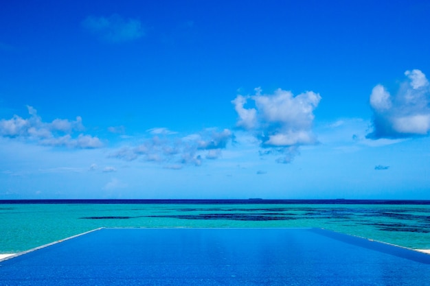 Spiaggia tropicale alle Maldive con poche palme e laguna blu