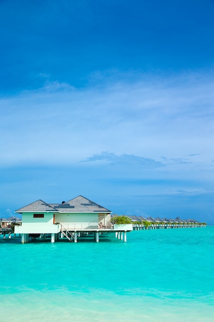 Spiaggia tropicale alle Maldive con poche palme e laguna blu