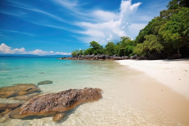 Spiaggia tropicale con acqua cristallina e sabbia bianca creata con intelligenza artificiale generativa