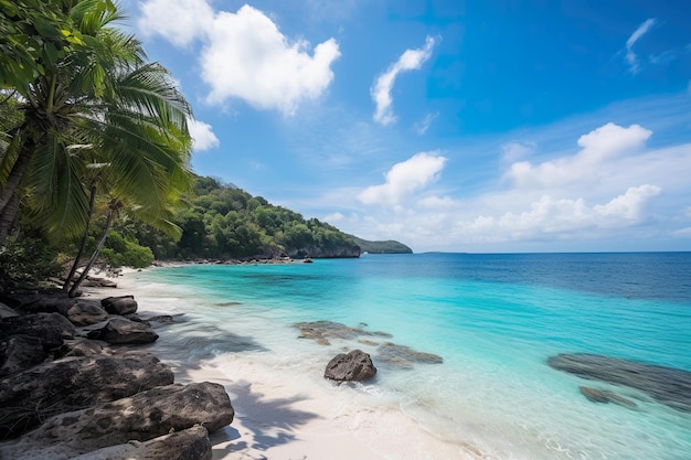 Spiaggia tropicale con alberi e acque verde acqua con cieli blu