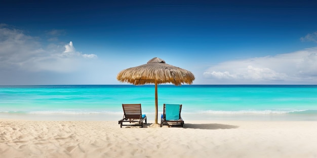 Spiaggia tropicale con amaca e ombrellone con cielo limpido