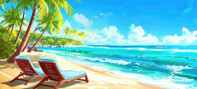 Spiaggia tropicale con lettini e palme sulla sabbia bianca acqua blu del mare giorno di sole brillante vacanza o concetto di viaggio