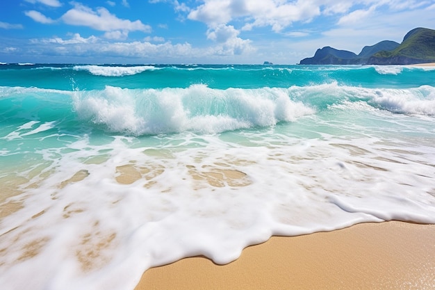 Spiaggia tropicale con onde di schiuma marina