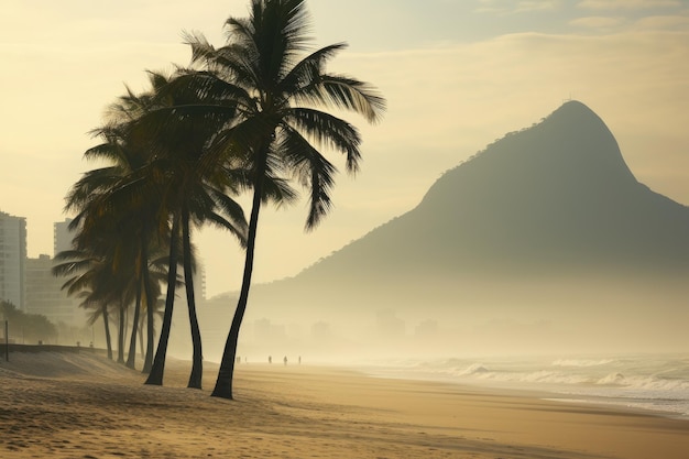 Spiaggia tropicale con palme all'alba Rio de Janeiro Brasile Palme e montagna dei due fratelli sulla spiaggia di Ipanema Rio de Janeiro generato dall'intelligenza artificiale