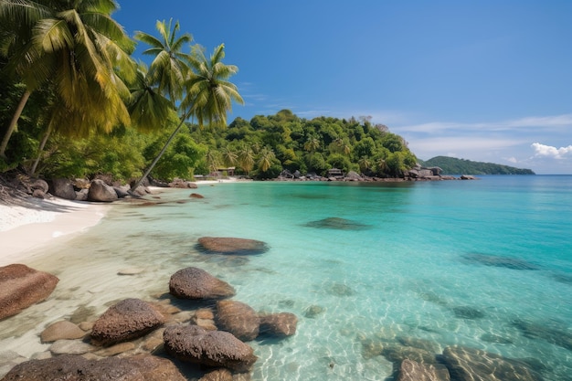 Spiaggia tropicale con palme e calde acque cristalline create con intelligenza artificiale generativa