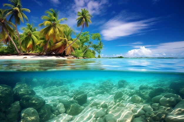 Spiaggia tropicale con palme e coralli sull'acqua