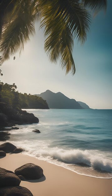 Spiaggia tropicale con palme e rocce Seychelles