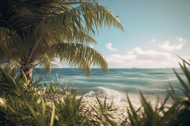 spiaggia tropicale con palme e un mare blu Natura sfondo generativo ai