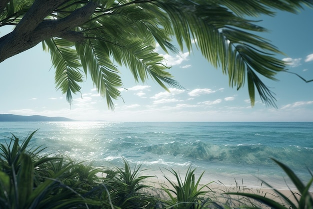 spiaggia tropicale con palme e un mare blu Natura sfondo generativo ai