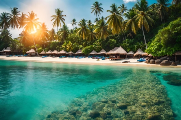 Spiaggia tropicale con palme e un tramonto