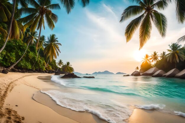 Spiaggia tropicale con palme e un tramonto