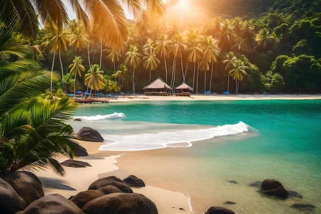 Spiaggia tropicale con palme e una spiaggia sullo sfondo