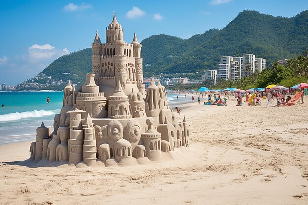 Spiaggia tropicale con sculture di sabbia