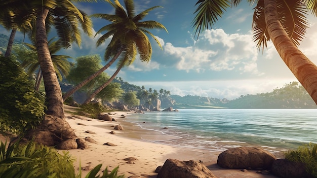 Spiaggia tropicale con sfondo di palme IA generativa
