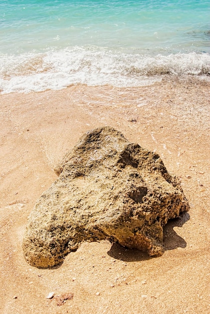 Spiaggia tropicale con vista panoramica e onde rocce e sfondo di sabbia