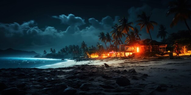 Spiaggia tropicale di notte con palme e bungalow Paesaggio marino AI generativa